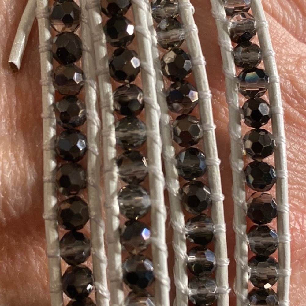 Victoria Emerson WRAP BRACELET White Leather Gray/Brown Crystal Mix REG $58